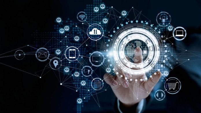 Businessman touching a global network connection, Omni Channel and communications concept